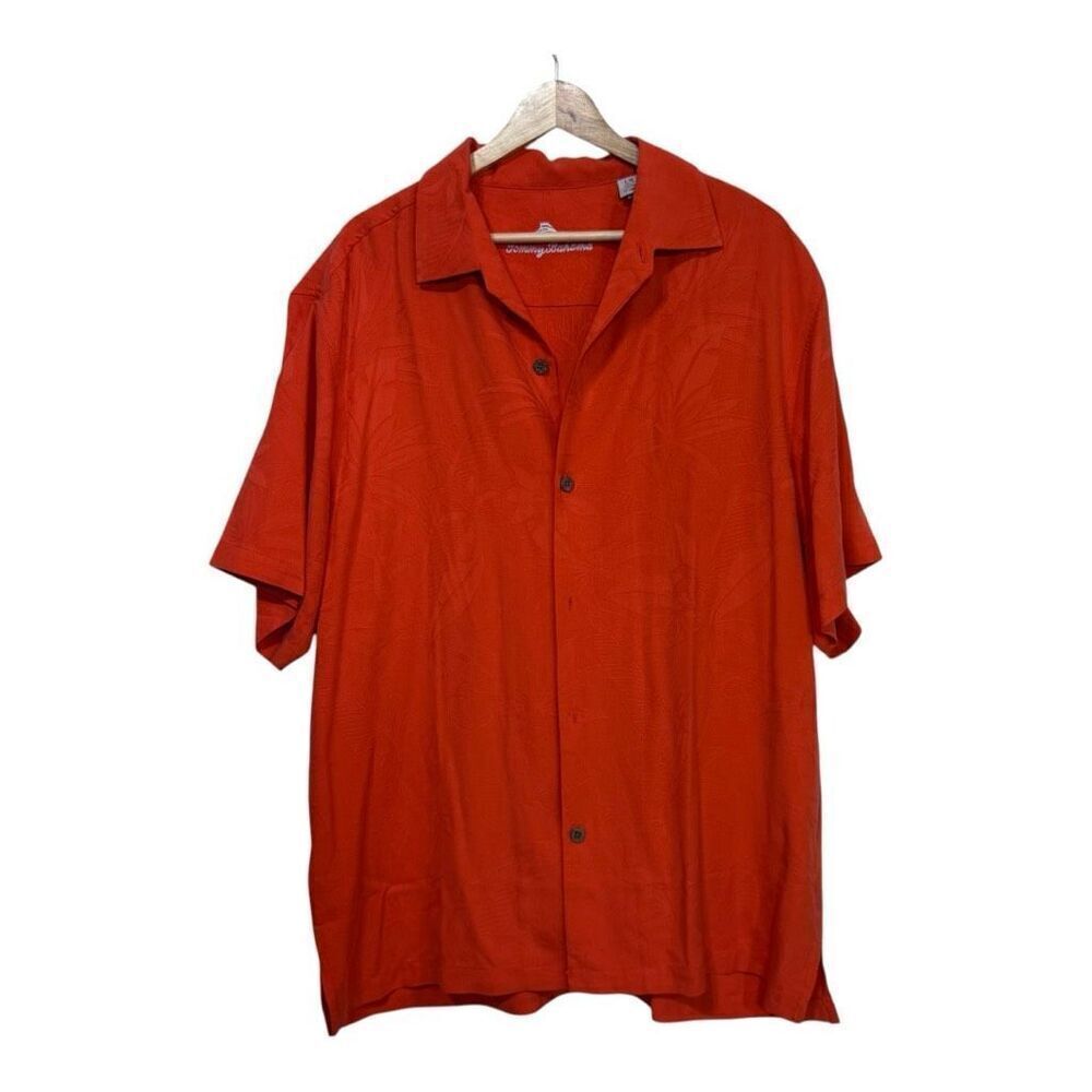 Tommy Bahama Orange Floral‎ Camp Shirt Men's Button Down Short Sleeve SILK LARGE